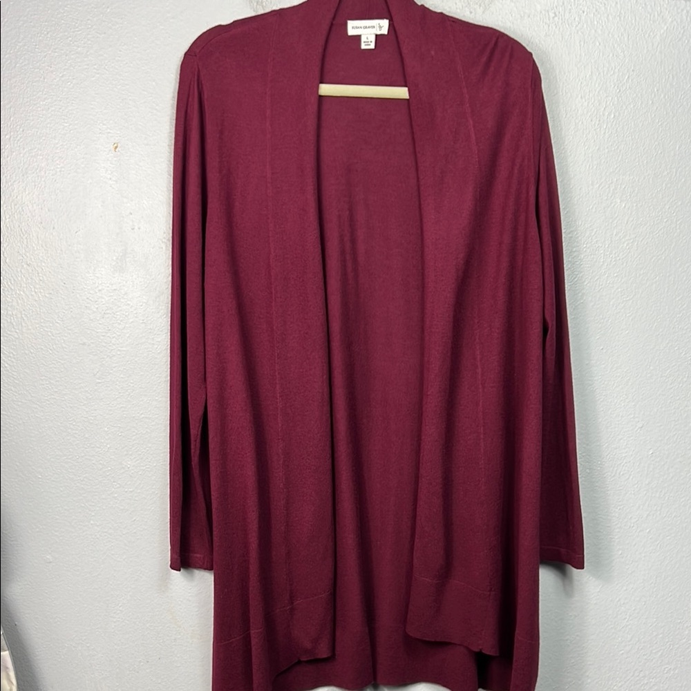 Susan Graver Maroon Wine Open Front Long Sleeve Tunic Cardigan Sweater Large